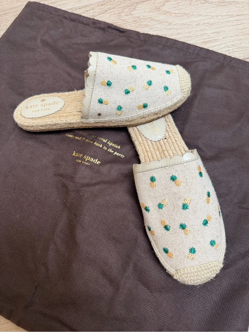 kate spade Beige Espadrille Slide with Gold and Green Pineapple Embroidery